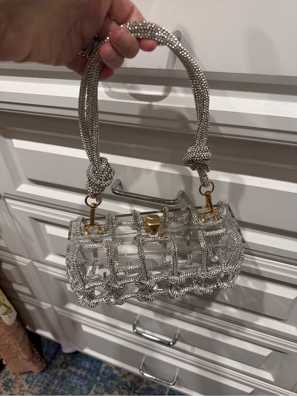 Clear Silver Beaded Cage Handbag - Women Bags